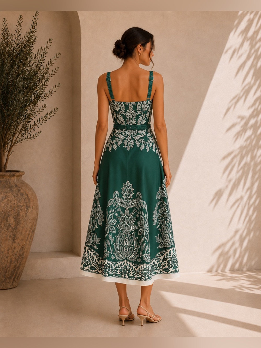 Commense Green Baroque Floral Belted Cami Maxi Dress XS | Resort Occasion Dress - Picture 2 of 6